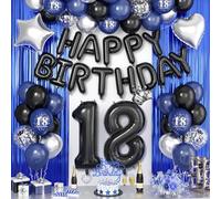 Navy Blue and Black 18th Birthday Decorations for Boy,Black Silver Balloons 18 Years Happy Birthdays Balloon Banner Confetti Star Heart Balloons Blue Fringe Curtain for Boy Birthday Party Decorations