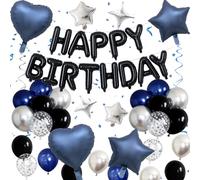 Navy Blue and Black Birthday Decorations for Men Black Pearl Royal Blue Silver Metallic Balloons Confetti Balloon Happy Birthday Banner Heart Balloons 18/10 Inch Star Balloon for Bday Party Supplies