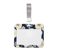Navy Blue and Cream Flowers Sliding Id Badge Holder Hard Plastic Work Card Case Name Tag Protector for Nurses Office
