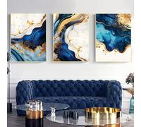 Navy Blue and Gold Abstract Wall Art Blue White and Gold Painting Set of 3 Modern Abstract Artwork Blue and Gold Foil Wall Art Navy Blue and White Abstract Painting for Bedroom 16x24inx3pcs No Frame