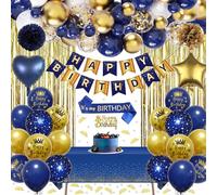 Navy Blue and Gold Birthday Decorations, Blue Gold Party Decorations Set Happy Birthday Banner, Latex Balloons, Fringe Curtain, Tablecloth, Sash, Pom Poms for Men Women Party Supplies