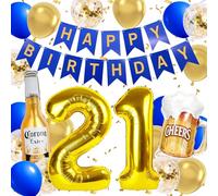 Navy Blue and Gold Birthday Decorations, Includes Gold 21 Balloon Number, Blue Happy Birthday Banner, Navy Blue and Gold Balloons, Beer Balloons for 21st Birthday Decorations for Him