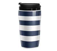 Navy Blue and White Stripe Printed Reusable Coffee Mug Insulated Travel Drinking Cup Water Bottle with Lid 250ml