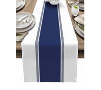 Navy Blue and White Table Runners 90 inches Long, Farmhouse Stripes Table Runner Bualap Dresser Scarves,Decortaive Table Runner Cover for Dining Coffee Table Holiday Party Wedding