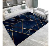 Navy Blue Area Rugs Gold Geometric Pattern Washable Plush & Fluffy Non-Slip Short Pile Floor Mat 80 x 150 cm For Bedroom Dining Room & Lounges