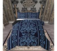 Navy Blue Aztec Small Double Duvet Set with 2 Pillowcases Coverless Duvet with Damascus Pattern Washable Reversible All Seasons Lightweight Warm Microfibre - 150 x 22cm sm645