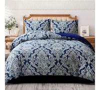 Navy Blue Background with European-style Patterns Queen Size Duvet Cover Sets Retro Style Bedding Set, Soft and Comfortable Microfiber Quilt Cover and 2 Pillowcases 50×75, for Room Decor HP975