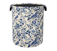 Navy Blue Beige Birds Laundry Basket - Heavy Duty 60L Dirty Clothes Organizer, Water Resistant Foldable Hamper for Men Women