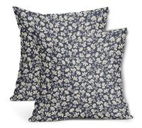 Navy Blue Beige Daisy Floral Pillow Covers 16X16 Inch Vintage Flowers Decorative Pillow Cases Set of 2 Block Print Cotton Linen Throw Pillows Farmhouse Decor For Sofa Couch Porch Bed Cushion Outdoor