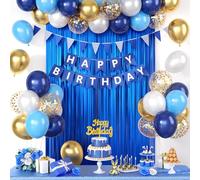 Navy Blue Birthday Decorations, Dark Happy Birthday Party Decorations With Metallic Gold Pearl White Light Blue Fringe Curtain Banner Cake Topper For Man Woman Party Supplies