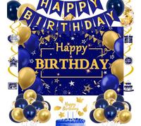 Navy Blue Birthday Decorations for Men Boys Women, Gold and Blue Happy Birthday Banner Backdrop Streamers Gold Confetti Balloons Cake Topper for Men 18th 21st 30th 40th 50th 60th 70th Party Supplies