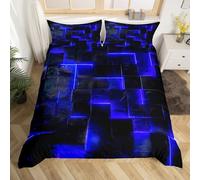Navy Blue Black Bed Set 3D Glowing Buffalo Duvet Cover Single Size Modern Abstract Art Single Bedding Sets Geometric Plaid Comforter Cover, Gradient Futuristic Cubes Bed Set (Black Reversible)