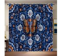 Navy Blue Blackout Curtains, Floral Monarch Butterfly Printed Living Room Darkening Curtain for Bedroom, 90 Inch Long Retro Ethnic Style Eyelet Thermal Insulated Drapes 2 Panels W90 x L90 Inch