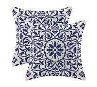 Navy Blue Boho Pillow Covers 20x20 Set of 2, Bohemian Ethnic Carpet Pattern Design Decorative Throw Pillows Linen Blue Print Farmhouse Cushion Pillow Covers for Sofa Couch Outdoor Decor