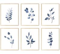 Navy Blue Botanical Art Set of 6, Minimalist Abstract Prints Watercolor Blue White Leaf Plant Wall Decor Canvas Painting, Boho Floral Wall Decor for Bedroom, Living