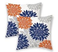 Navy Blue Burnt Orange Pillow Covers 18x18 Inch 2 Pcs, Fall Colored Geometric Dahlia Decorative Throw Pillows,Rust Flower Outdoor Decor Pillowcase Linen Square Cushion Cover Gift for Couch Car