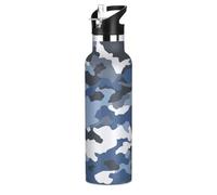 Navy Blue Camouflage Decor Leakproof and BPA Free Insulated Water Bottle 20 Oz with Straw Lid Double Wall Vacuum for Travel, Camping, Bike