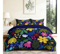 Navy Blue Cartoon Botanical Floral Duvet Cover Set Flower Leaf Soft Microfiber Bedding Sets, Reversible Hypoallergenic Quilt Cover 3pcs with 2 Pillowcases 50x75 cm (Super King 260x220 cm)