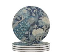 Navy Blue Chinoiserie Peacock Round Ceramic Coasters 4pcs Cup Mats for Hot Or Cold Drink, Absorbent Drink Coasters for Coffee Table Bar Mugs Glasses Cup Beer