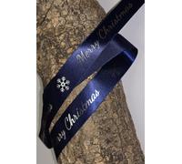 Navy Blue Christmas Ribbon with Metallic Silver 'Merry Christmas' Print and Snowflake Design, 25mm Satin Ribbon for Gift Wrapping, Decorations etc.