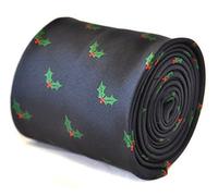 Navy Blue Christmas Tie for Men with Holly Design, classic 8cm width, Festive Necktie for Office Parties, Holiday Dinners, Xmas Events, Standard Length Accessory, Dry Clean Recommended