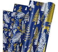 Navy Blue Christmas Wrapping Paper, 3 Mini Rolls 17 x 118 Inch Navy and Gold Foil Gift Wrapping Paper, White and Gold Christmas Tree Reindeer Pine Branches Design, Gift Wrap for Xmas Winter Holiday