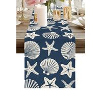 Navy Blue Coastal Table Runner 13 x 108 Inch, Starfish Shell Ocean Nautical Washable Cotton Linen Dining Table Runner Tabletop Decorations for Restaurant Home Kitchen Party