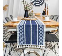 Navy Blue Cotton Table Runner - 100% Natural Cotton 14 x 60 Inch - Farmhouse Braided Stripe - Fete, Handcrafted-Machine Washable