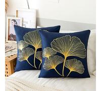 Navy Blue Cushion Cover, 45 x 45 cm, Velvet Cushion Cover, Gold Ginkgo Biloba Leaves Cushion Cover Set, Home Decoration, Cushion Cover, Decorative Cushion Covers for Sofa, Living Room, Set of 2