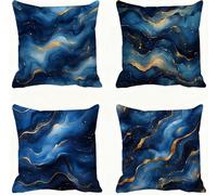 Navy Blue Cushion Covers 45 x 45 Gold Pillow Cases Linen Sofa Cushions Square Pillows 4 Pack Outdoor Garden Cushion With Invisible Zipper Pillow Protectors, for Sofa Bedroom Autumn Decorative E - 541
