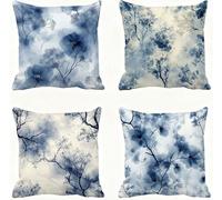 Navy Blue Cushion Covers 65 x 65 Plant Pillow Cases Linen Sofa Cushions Square Pillows 4 Pack Outdoor Garden Cushion With Invisible Zipper Pillow Protectors, for Sofa Bedroom Autumn Decorative E - 556