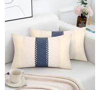 Navy Blue Cushions Covers 30 x 50 cm, 2 Pack Cotton Sofa Cushion Covers with Delicate Linen Crochet Lace, Rectangle Boho Decorative Sofa Throw Pillow Covers for Living Room Couch Pillow Accessories
