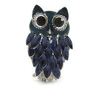 Navy Blue Diamante Enamel 'Owl' Brooch In Rhodium Plating - 5cm Length