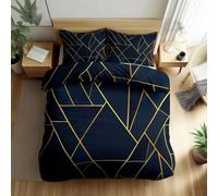 Navy Blue Duvet Cover Sets Gold geometric pattern Microfiber Quilt Cover Set with Zipper Closure and Corner Ties, 3D Print Super King Bedding Set 260x220 cm with 2 Pillowcases