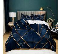 Navy Blue Duvet Cover Sets Gold geometric pattern Microfiber Quilt Cover Set with Zipper Closure and Corner Ties, 3D Print Single Bedding Set 135x200 cm with 2 Pillowcases