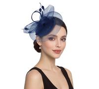 Navy Blue Fascinators for Weddings, Champagne Feather Mesh Headband Hat, Elegant Hair Accessories for Mother of the Bride, Royal Ascot Ladies Day 2026 & Vintage Tea Party