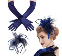 Navy Blue Fascinators for Weddings, Elegant Lace Feather Fascinators for Women with Long Satin Elbow Gloves, Fascinator Headband for Evening Party & Costume Party