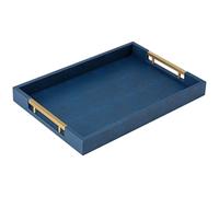 Navy Blue Faux Leather Serving Tray with Handles - Large Decorative Tray for Coffee Table, Ottoman, Living Room, Bathroom - Home Decor