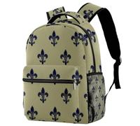 Navy Blue Fleur De Lis on Sage Green Background Travel Backpack for Adults, School Laptop Rucksack with Adjustable Strap