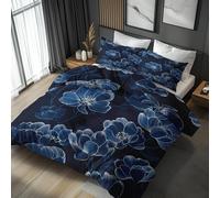 Navy Blue Floral Emperor Bedding Set 3 Piece, Bedroom Decor Duvet Cover and 2 Pillowcases, 3D Line Art Flower Quilt Cover with Zip, Ultra Soft Microfibre YH-F111