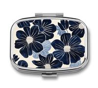 Navy Blue Flowers Pill Box Square Metal Small Pill Case with 2 Compartment Portable Travel Pill Organizer for Vitamins, Medication, Fish Oil