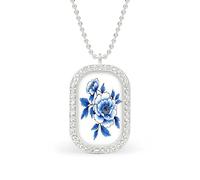 Navy Blue Flowers Watercolor Rectangle Pendant Necklace Silver Women Jewelry Alloy Keychain Tag Jewelry