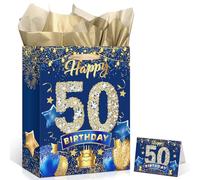 Navy Blue Gold 50th Gift Bag Set Happy 50th Birthday Gift Wrap Bag for Men Women with Tissue Paper and Greeting Card Blue 50 Years Old Anniversary Birthday Party Favors Goodie Wrapping Bag Supplies