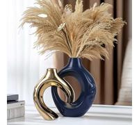 Navy Blue Gold Ceramic Vase Set of 2 for Modern Home Decor,Round Boho Vase for Pampas Grass,Neutral Minimalist Statue for Dining Room Table Centerpiece Dining Room,Wedding Table Decoration
