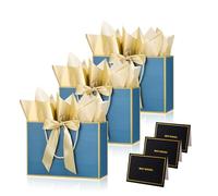 Navy Blue Gold Gift Bags for Presents,3P Medium Present Bags with 6 Metallic Gold Tissue/3 Card,Personalised Birthday Gift Paper Bag with Ribbon,28*20*10 Wrapping Bag Christmas Wedding Gift Party Bag