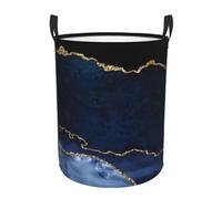 Navy Blue Gold Marble Laundry Basket Waterproof Oxford Fabric Collapsible Laundry Hamper Round Portable Durable Dirty Clothes Storage Basket with Handles for Bedroom Bathroom Dorm Living Room Nursery