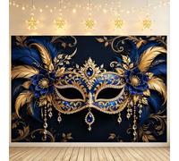 Navy Blue Gold Masquerade Backdrop | Black Gold Feather Rose Mask Photography Masquerade Ball Party Decor Photo Booth Banner for Sweet 16 Quinceanera Halloween