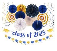 Navy-Blue Gold Party-Decorations Graduation Banner-Streamers - 18pcs Kits Class of 2025 Garland, Paper Tissue Pom Poms Fan, Honeycomb Lanterns Congrate Grad Congratulations Decor Panduola