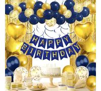 Navy Blue Gold Party Supplies for Men Women Boys Girls - Happy Birthday Banner, Confetti Balloons, Fringe Curtain, Heart Star Foil Balloons, Hanging Swirls