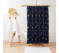 Navy Blue & Gold Stars Shower Curtain - Starry Glitter Pattern for Space Moon Night Sky Theme, Boho Bohemian Home Room Bedroom Decor